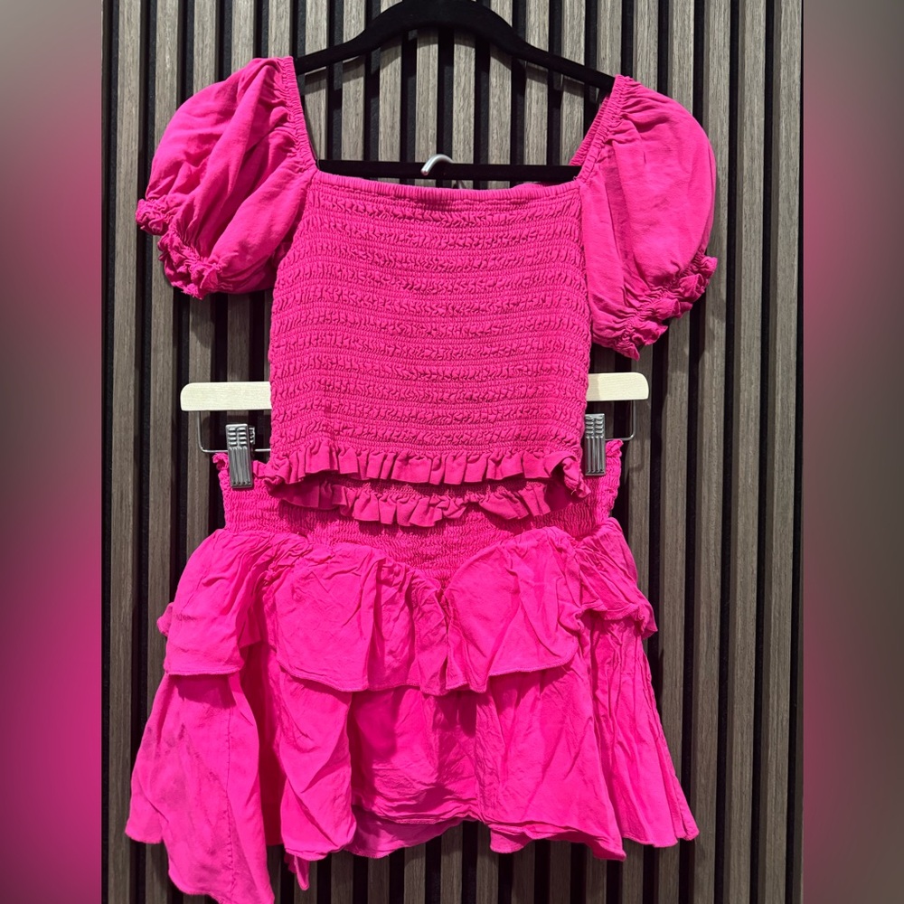 Katie J NYC Hot Pink Puff-Sleeve Smocked Top XL/skirt xs juniors set